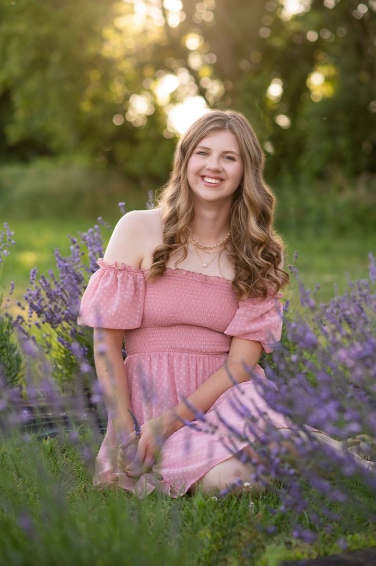 High school senior portrait in a lavender field at golden hour, Saline Michigan